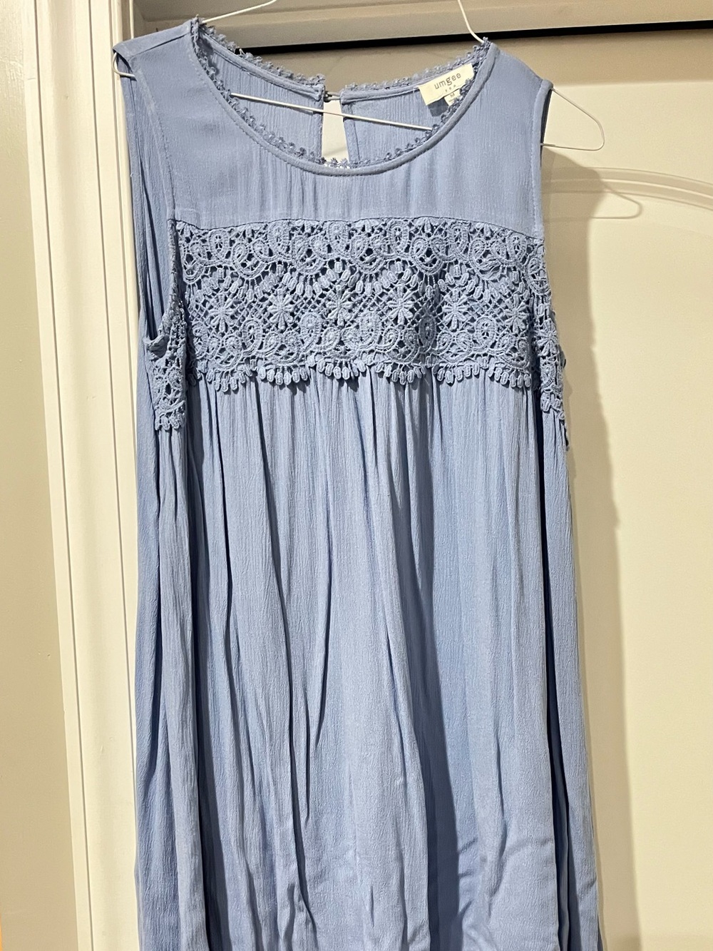 Umgee Dusty Blue Sleeveless Lace Yoke Swing Dress